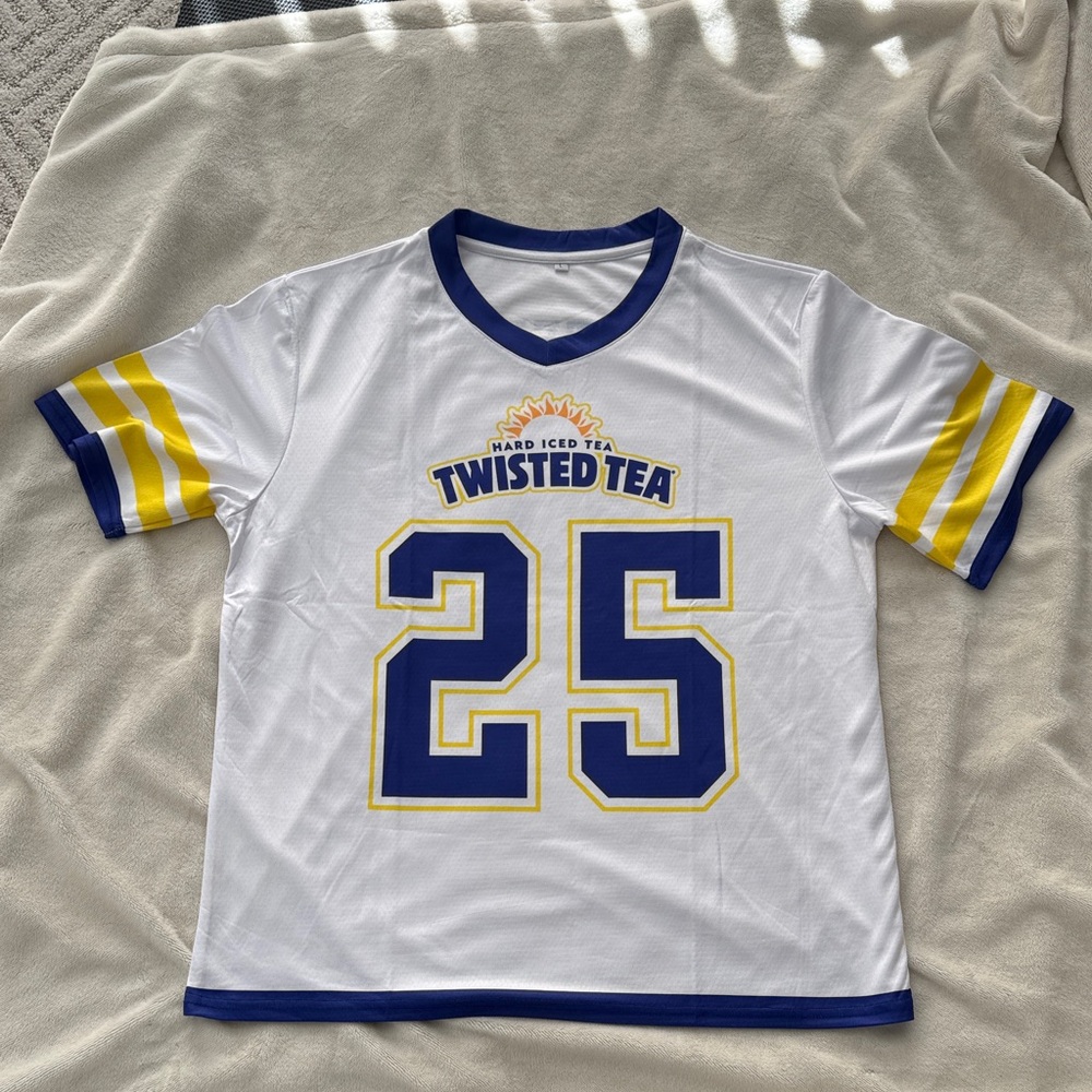 Twisted Tea “25” White Jersey with Blue and Yellow Accents-size L